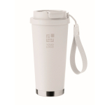 Bicchiere in acciaio inox riciclato con coperchio e cannuccia 500ml color bianco vista area di stampa