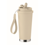 Bicchiere in acciaio inox riciclato con coperchio e cannuccia 500ml color beige