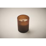 Candela alla vaniglia in cera vegetale con stoppino in legno color marrone seconda vista fotografica