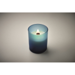 Candela alla vaniglia in cera vegetale con stoppino in legno color blu terza vista fotografica