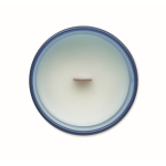 Candela alla vaniglia in cera vegetale con stoppino in legno color blu quinta vista
