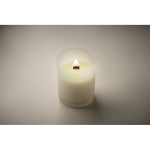 Candela alla vaniglia in cera vegetale con stoppino in legno color bianco terza vista fotografica