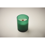 Candela alla vaniglia in cera vegetale con stoppino in legno color verde seconda vista fotografica
