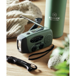 Radio portatile solare con torcia e power bank di emergenza color verde scuro