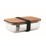 Lunch box in vetro con coperchio in legno e elastico di chiusura color trasparente