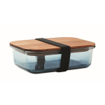 Lunch box in vetro con coperchio in legno e elastico di chiusura color blu trasparente
