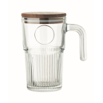 Tazza grande in vetro rigato con coperchio in legno e manico 450ml color trasparente
