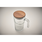 Tazza grande in vetro rigato con coperchio in legno e manico 450ml color trasparente terza vista fotografica