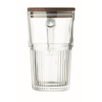 Tazza grande in vetro rigato con coperchio in legno e manico 450ml color trasparente quinta vista
