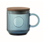 Tazza originale in vetro rigato con coperchio in legno di acacia 300ml color blu trasparente