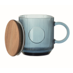 Tazza originale in vetro rigato con coperchio in legno di acacia 300ml color blu trasparente seconda vista
