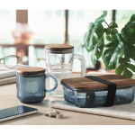 Tazza originale in vetro rigato con coperchio in legno di acacia 300ml color blu trasparente seconda vista ambiente