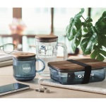 Tazza originale in vetro rigato con coperchio in legno di acacia 300ml color blu trasparente vista ambiente principale