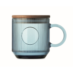 Tazza originale in vetro rigato con coperchio in legno di acacia 300ml color blu trasparente quarta vista