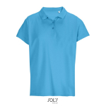 Polo da donna in 100% cotone pettinato con collo a costine e 3 bottoni color azzurro ciano