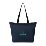 Tote bag in rPET con tasca interna per bottiglia d'acqua color blu mare vista con logo