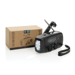 Radio d’emergenza multifunzione in ABS riciclato e manovella 1.800 mAh color nero vista con scatola