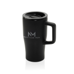 Tazza in ceramica con manico ergonomico e coperchio anti-goccia 490ml color nero vista con logo