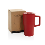 Tazza in ceramica con manico ergonomico e coperchio anti-goccia 490ml color rosso vista con scatola