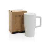 Tazza in ceramica con manico ergonomico e coperchio anti-goccia 490ml color bianco vista con scatola