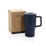 Tazza in ceramica con manico ergonomico e coperchio anti-goccia 490ml color blu mare vista con scatola