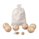 Set di bocce in legno in una borsa di cotone prima vista