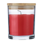 Candela alla vaniglia in barattolo di vetro con coperchio in bambù color rosso prima vista