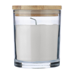 Candela alla vaniglia in barattolo di vetro con coperchio in bambù color bianco prima vista