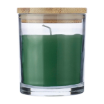 Candela alla vaniglia in barattolo di vetro con coperchio in bambù color verde prima vista