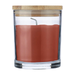Candela alla vaniglia in barattolo di vetro con coperchio in bambù color arancione prima vista