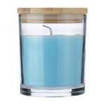 Candela alla vaniglia in barattolo di vetro con coperchio in bambù color azzurro prima vista