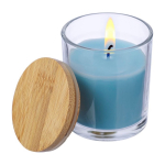 Candela alla vaniglia in barattolo di vetro con coperchio in bambù prima vista