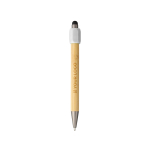 Penna touch in bambù con spinner sulla parte superiore inchiostro blu color bianco vista area di stampa