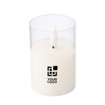 Candela LED con effetto fiamma realistica in barattolo di vetro color bianco vista area di stampa