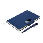 Taccuino A5 in PU riciclato con pagine a righe e penna inchiostro blu prima vista