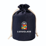 Beauty case cilindrico in tessuto jeans con chiusura a cordino color blu alice vista dettaglio