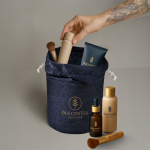 Beauty case cilindrico in tessuto jeans con chiusura a cordino color blu alice vista dettaglio 3