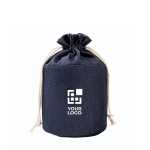 Beauty case cilindrico in tessuto jeans con chiusura a cordino color blu alice vista area di stampa