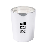 Candela profumata floreale a 3 stoppini in bicchiere di vetro lucido color argento vista area di stampa