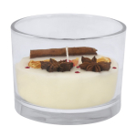 Candela profumata in cera vegetale con aroma di cannella e agrumi color bianco prima vista