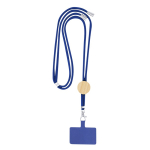 Lanyard con accessorio porta cellulare in RPET e dettaglio in bambù color blu prima vista