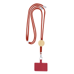 Lanyard con accessorio porta cellulare in RPET e dettaglio in bambù color rosso prima vista