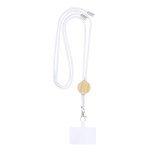 Lanyard con accessorio porta cellulare in RPET e dettaglio in bambù color bianco prima vista