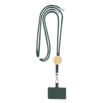 Lanyard con accessorio porta cellulare in RPET e dettaglio in bambù color verde scuro prima vista