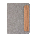 Portadocumenti ecologico con chiusura in legno di noce A5 a righe color grigio seconda vista frontale