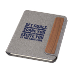 Portadocumenti ecologico con chiusura in legno di noce A5 a righe color grigio vista con stampa serigrafica