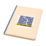 Taccuino con copertina morbida in canna da zucchero e RPET A5 a righe color blu mare vista con stampa serigrafica