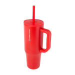 Tazza termica con cannuccia in silicone e coperchio antispruzzo 900ml color rosso vista con logo stampato 2