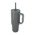 Tazza termica con cannuccia in silicone e coperchio antispruzzo 900ml color grigio vista con logo stampato 2
