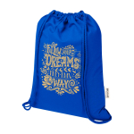 Zaino a sacca in cotone riciclato e RPET 5L 140 g/m2 color blu reale vista con stampa serigrafica